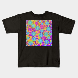 Tropicana 2. A bright, floral summery design in hot pink, purple, yellow and blue. Kids T-Shirt